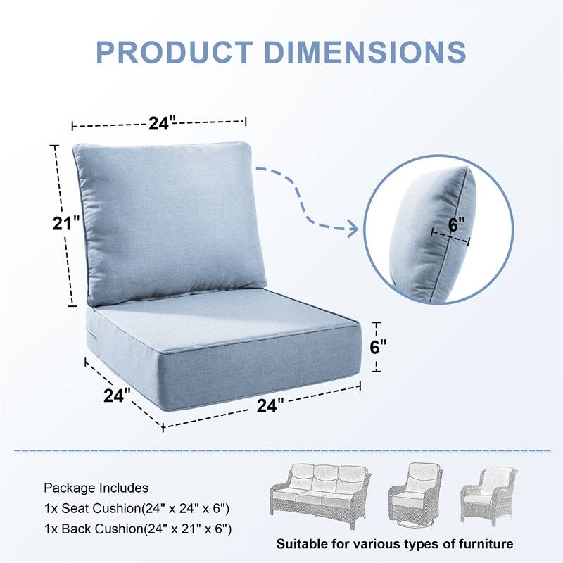 Pocassy 24x24x6 Inch Thick Cushions Pillows Indoor Outdoor Deep Seat Water & Fade Resistant - 6 Set