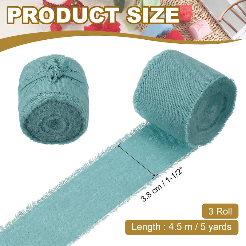 1-1/2"x15 Yd Handmade Fringe Cotton Ribbon Frayed Ribbons 3 Roll - 5Yd - Turquoise