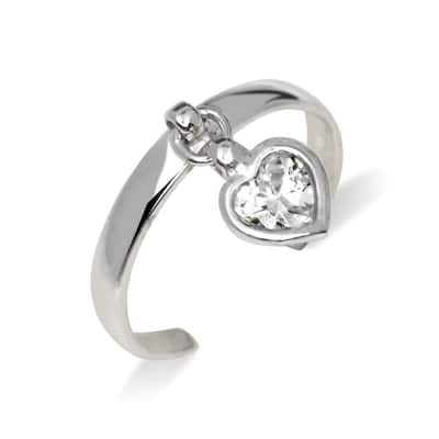 Curata Solid 925 Sterling Silver Elegant Adjustable Cubic Zirconia Dangling Heart Toe Ring (2mmx15mm)