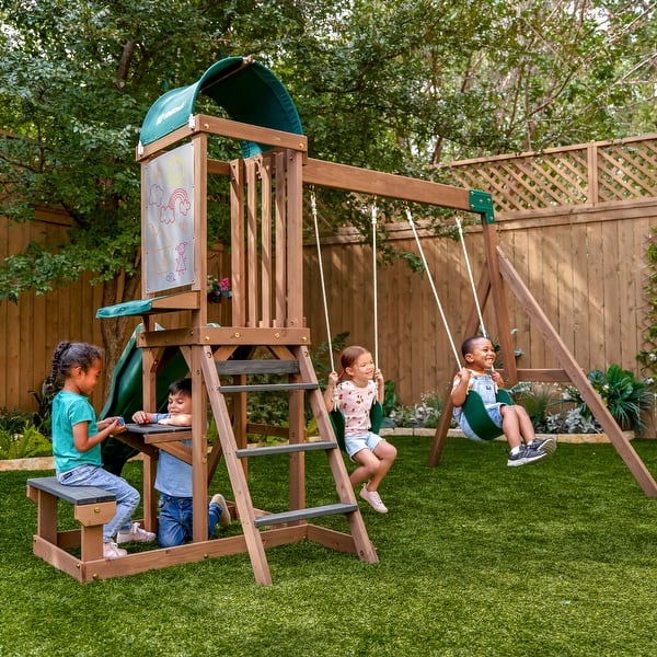 slide 2 of 9, KidKraft Wilderness Point Wooden Outdoor Swing Set Swing Set