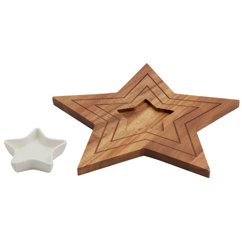 Tabletops Gallery Set of 2 Star Acacia Serving Board with Ceramic Bowl