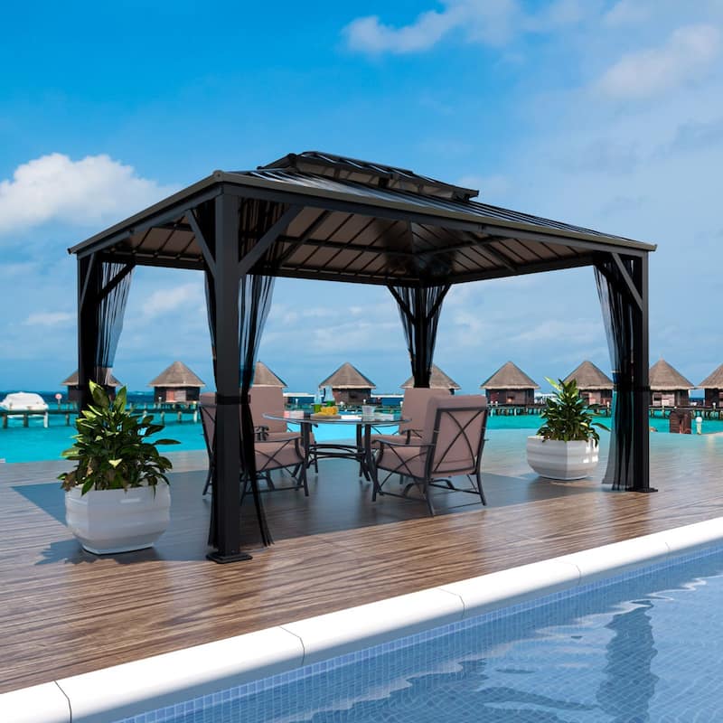 VEIKOUS Aluminum Double Hardtop Gazebo Pergola for Patio, Lawn, and Garden with Removable Netting