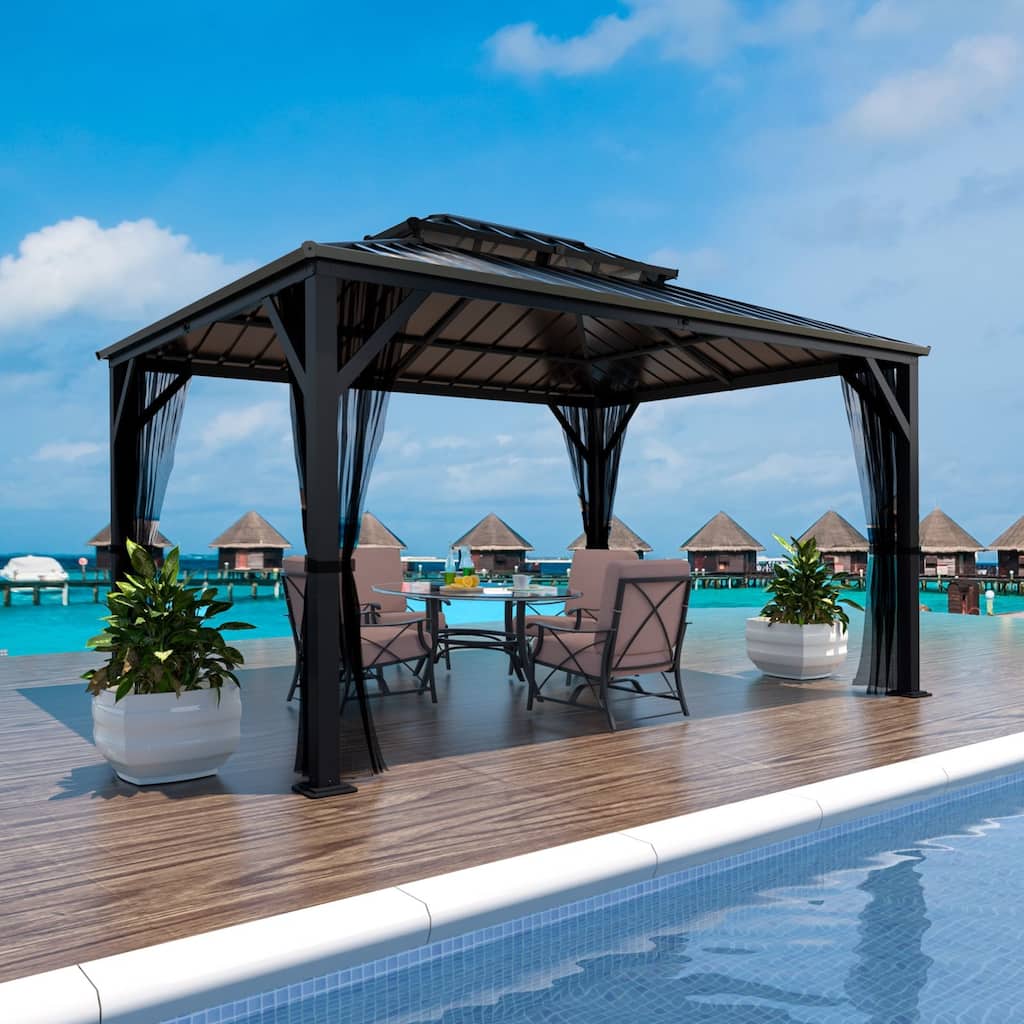 VEIKOUS Aluminum Double Hardtop Gazebo Pergola for Patio, Lawn, and Garden with Removable Netting