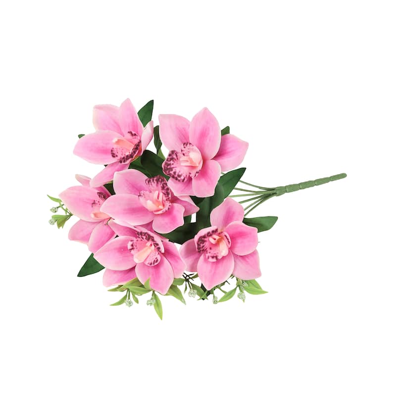 Set of 4 Fuchsia Pink Artificial Cymbidium Orchid Flower Stem Bush Bouquet 13in - 13" L x 8" W x 8" DP