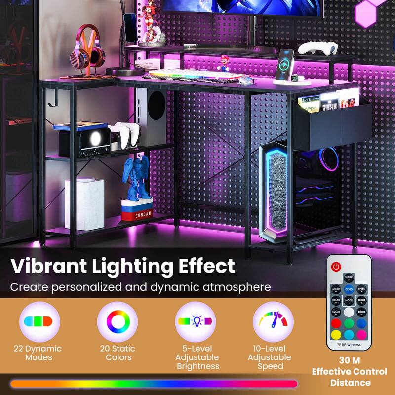Costway 48" L-Shaped Gaming Desk with LED Lights & Power Outlets