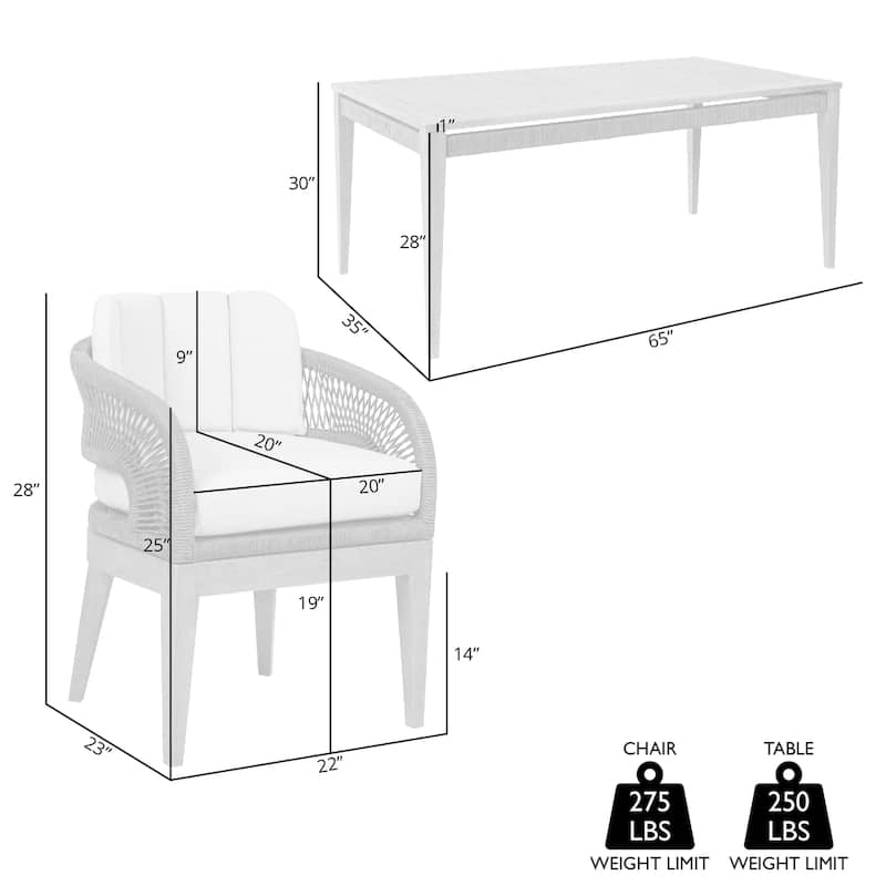 Kimi 5 Piece Patio Dining Table and 4 Chairs Set, Brown Wood, Gray Rope, Taupe Olefin