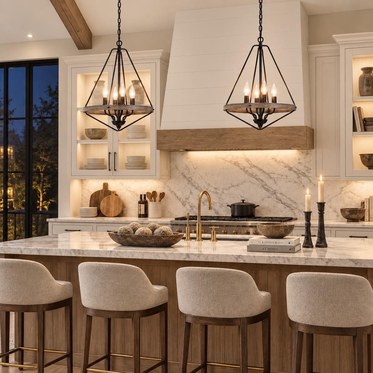 Modern Farmhouse 4-Light Lantern Chandelier Cage Pendant for Kitchen Island Dining Room - W 16" x H 20"