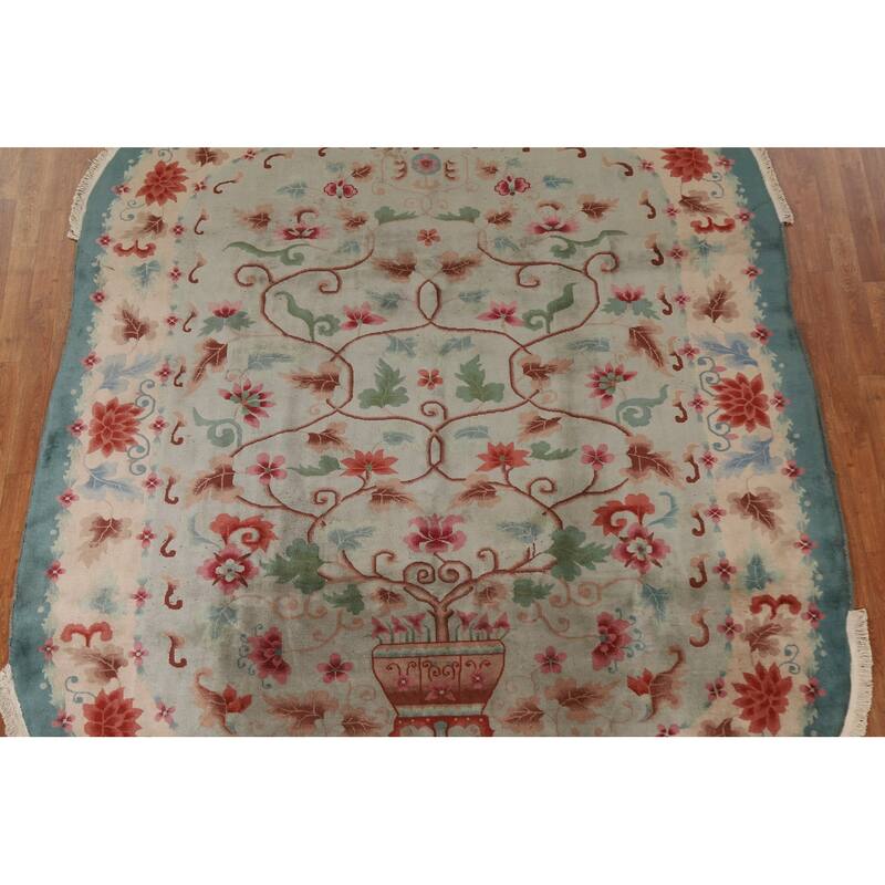 Hand Knotted Oriental 100% Wool Carpet Traditional Floral Green Art Deco Area Rug - 9' 8'' X 7' 11''