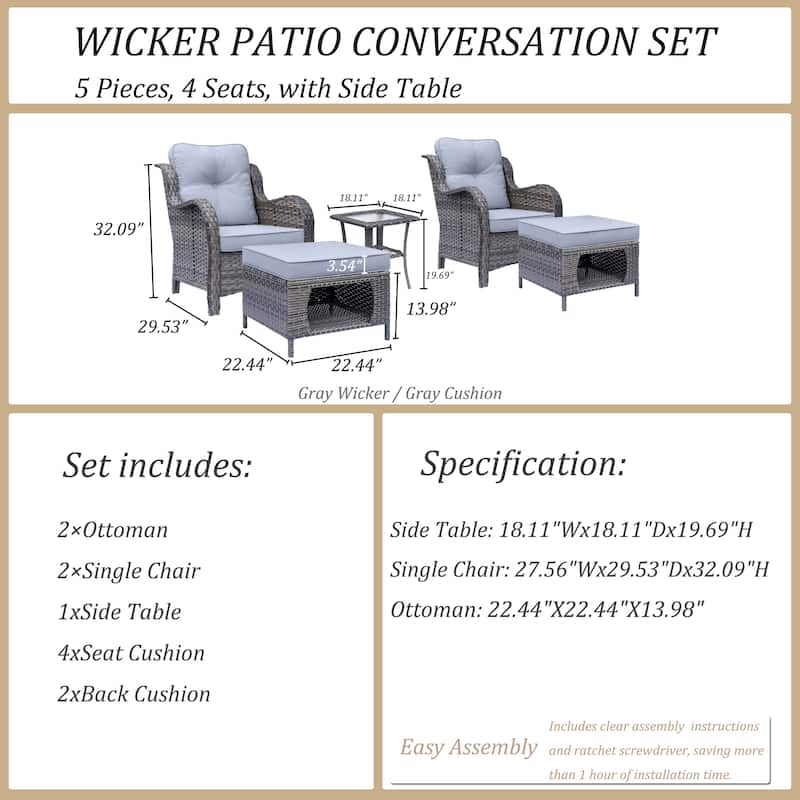5 Piece Outdoor Wicker Patio Conversation Chair with Ottoman Set