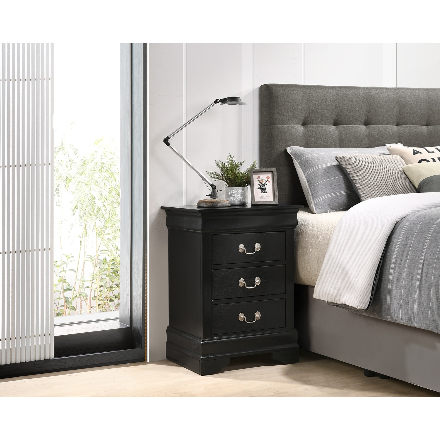 Black Nightstand 29x21x16 with Three Drawers, Compact Bedside Table for Bedroom Storage and Sleek Stylish Modern Finish