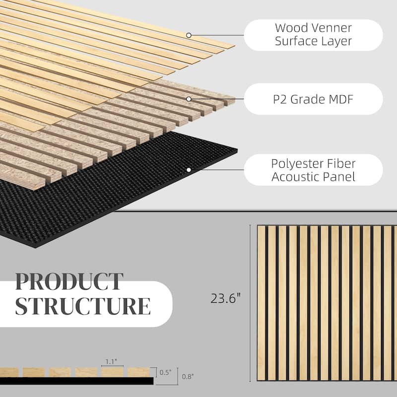 HOMCOM 4 Pack 3D Faux Wood Wall Panels, 24" x 24" Sound Absorbing Acoustic Panels, Wood Slat Wall Panels for Interior Wall Decor