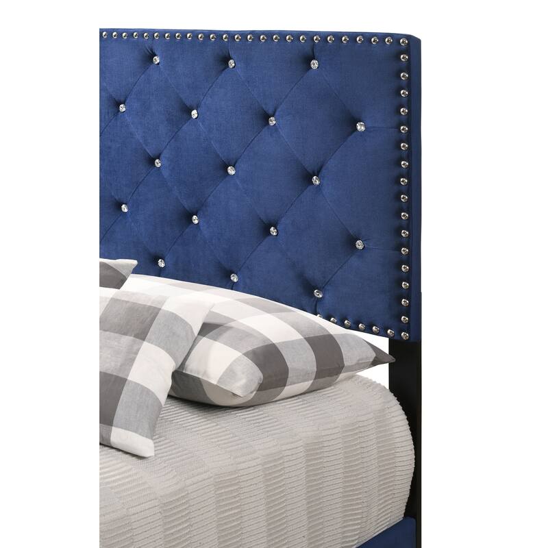 Classic Twin Bed Navy Blue - Velvet Upholstered Bed with Tufting & Jewels - Elegant Bedroom Furniture