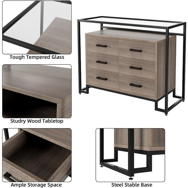 6 Drawers Dresser, Wooden Drawer Chest with Tempered Glass Top and Steel Frame