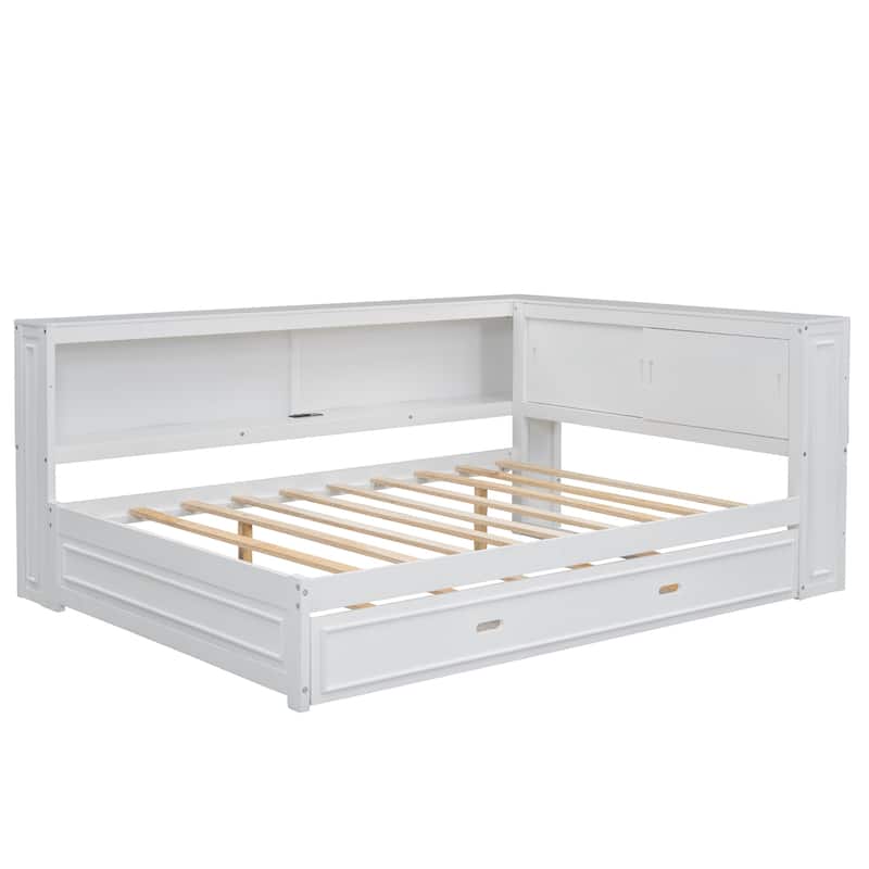 Full Size Platform Bed with Storage Shelves and Trundle, LED Light and Built-in USB & Power Outlet, Headboard with Sliding Doors
