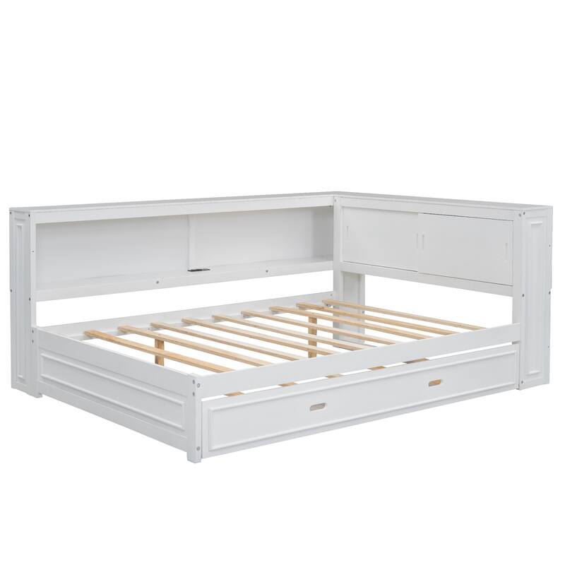 Modern Wood Platform Bed, Full Size Daybed with Storage Shelves, USB and LED, L Shape Floor-Bed with Trundle for Bedroom