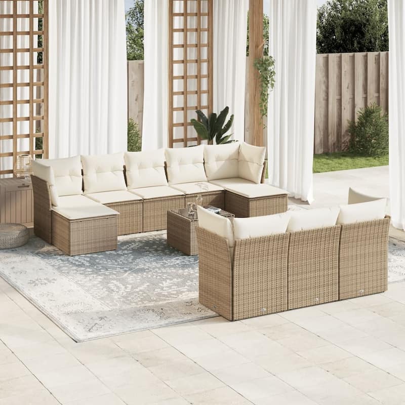 vidaXL Patio Sofa Set with Cushions Outdoor Furniture 10 Piece Poly Rattan - 21.7 x 21.7 x 14.6 - Beige and cream 11pcs