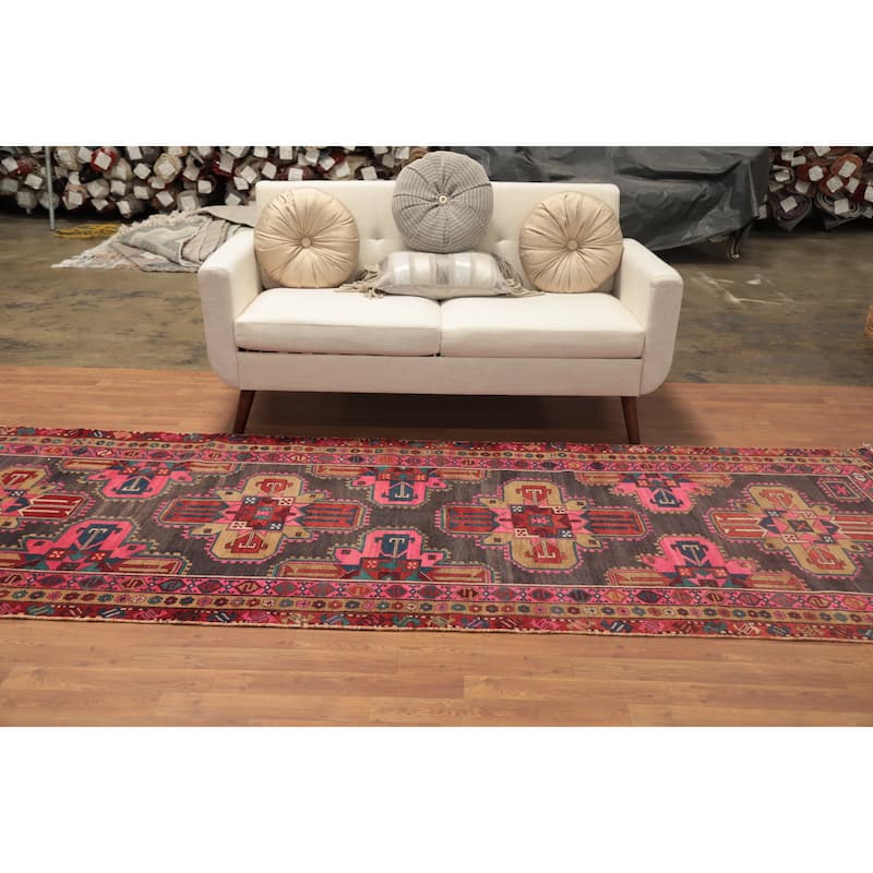 Hand Knotted Oriental 100% Wool Carpet Traditional Geometric Pink Meshkin Runner Rug - 10' 11'' X 4' 1''