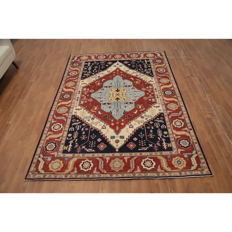 Hand Knotted Oriental 100% Wool Carpet Traditional Medallion Oranges & Rust Heriz (serapi) Area Rug - 9' 1'' X 6' 4''
