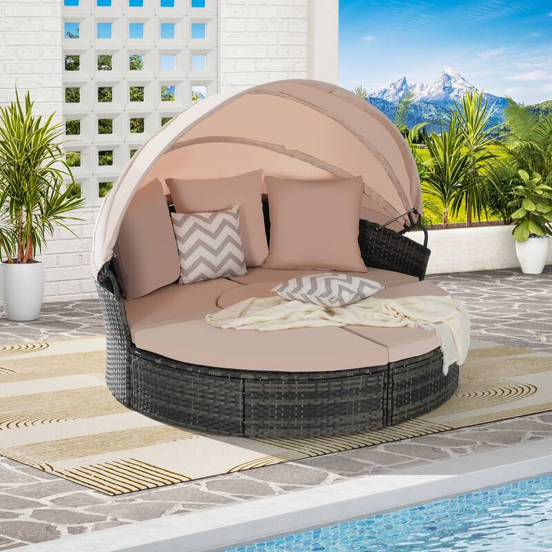 5 Pieces Outdoor Patio Round Daybed Furniture, Wicker Conversation Set with Retractable Canopy, Soft Cushions - Beige