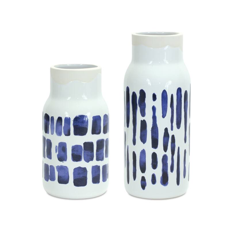 Blue and White Ceramic Abstract Cylinder Table Vase Set of 2 for Living Room Decor
