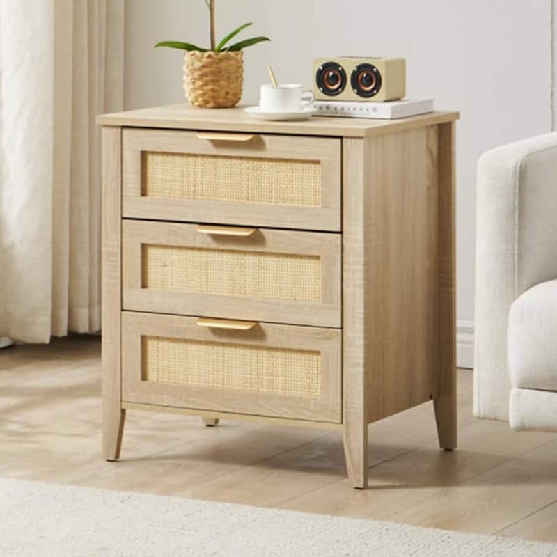 Rattan End Table, Nightstands with 3 Natural Drawers