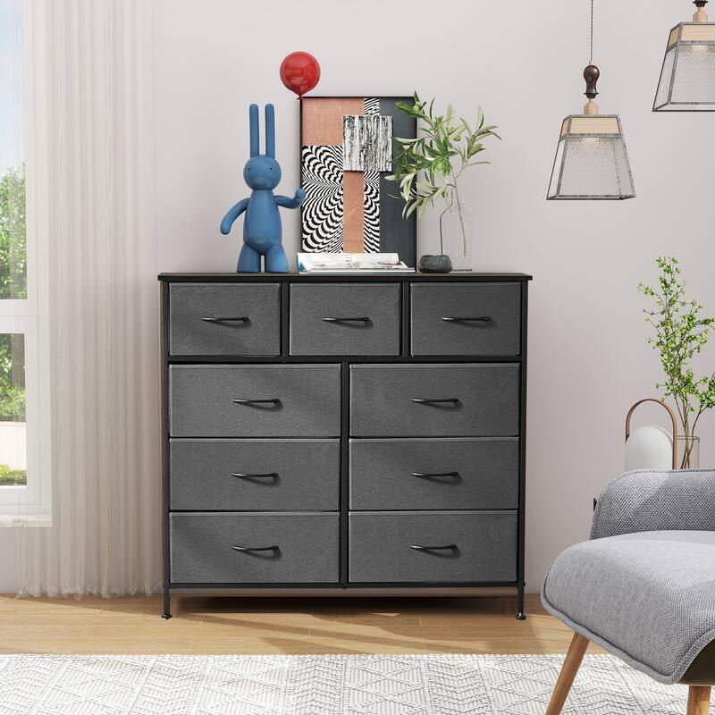 9-Drawer 11.8 in. Wide Chest of Drawers Fabric Storage Tower with Steel Frame, Wooden Top