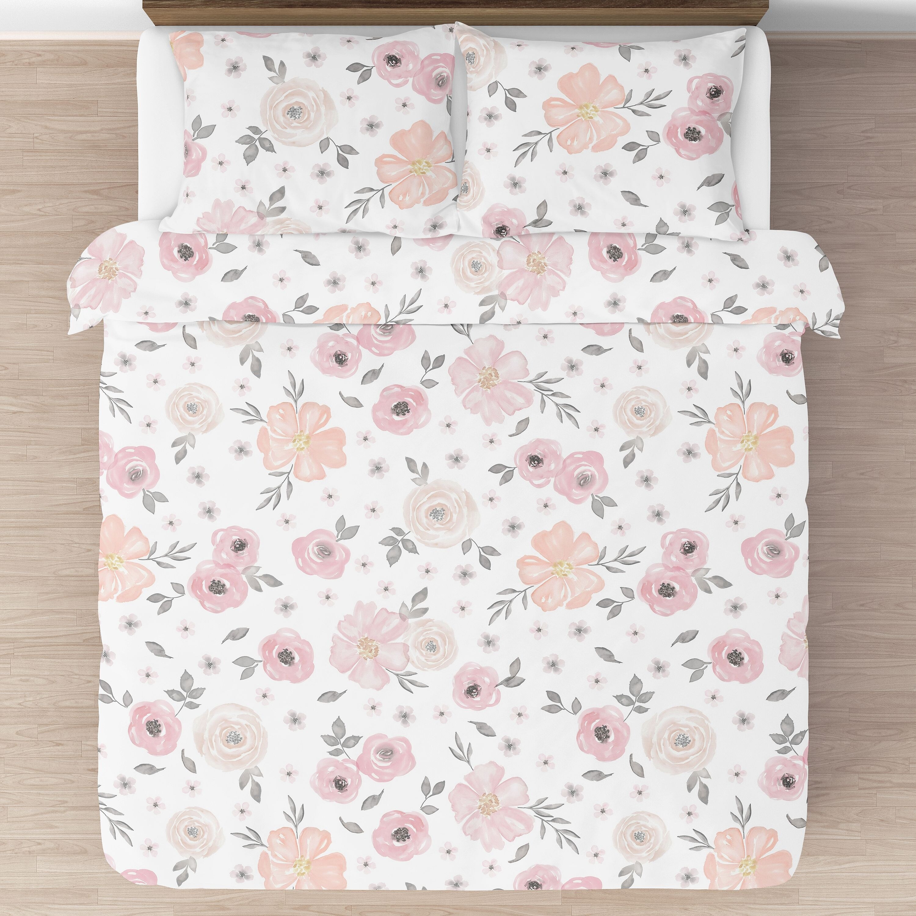 Sweet Jojo Designs Blush Pink Grey and White Watercolor Floral Collection Girl 3 piece Full Queen size Comforter Set