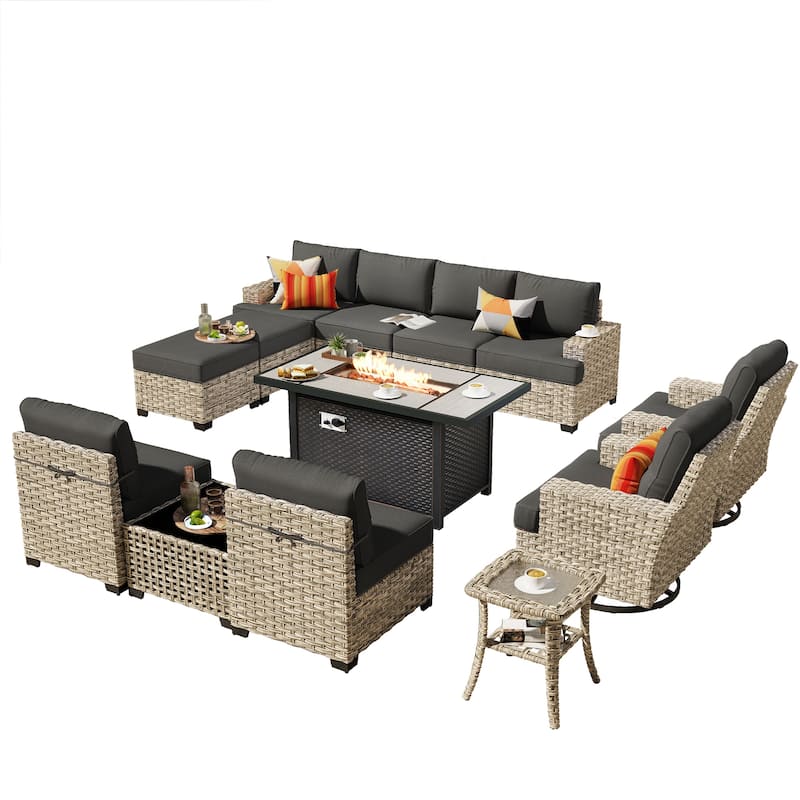HOOOWOOO 13-piece Outdoor Sofa Patio Wicker Swivel Chair Set with 42" Fire Pit
