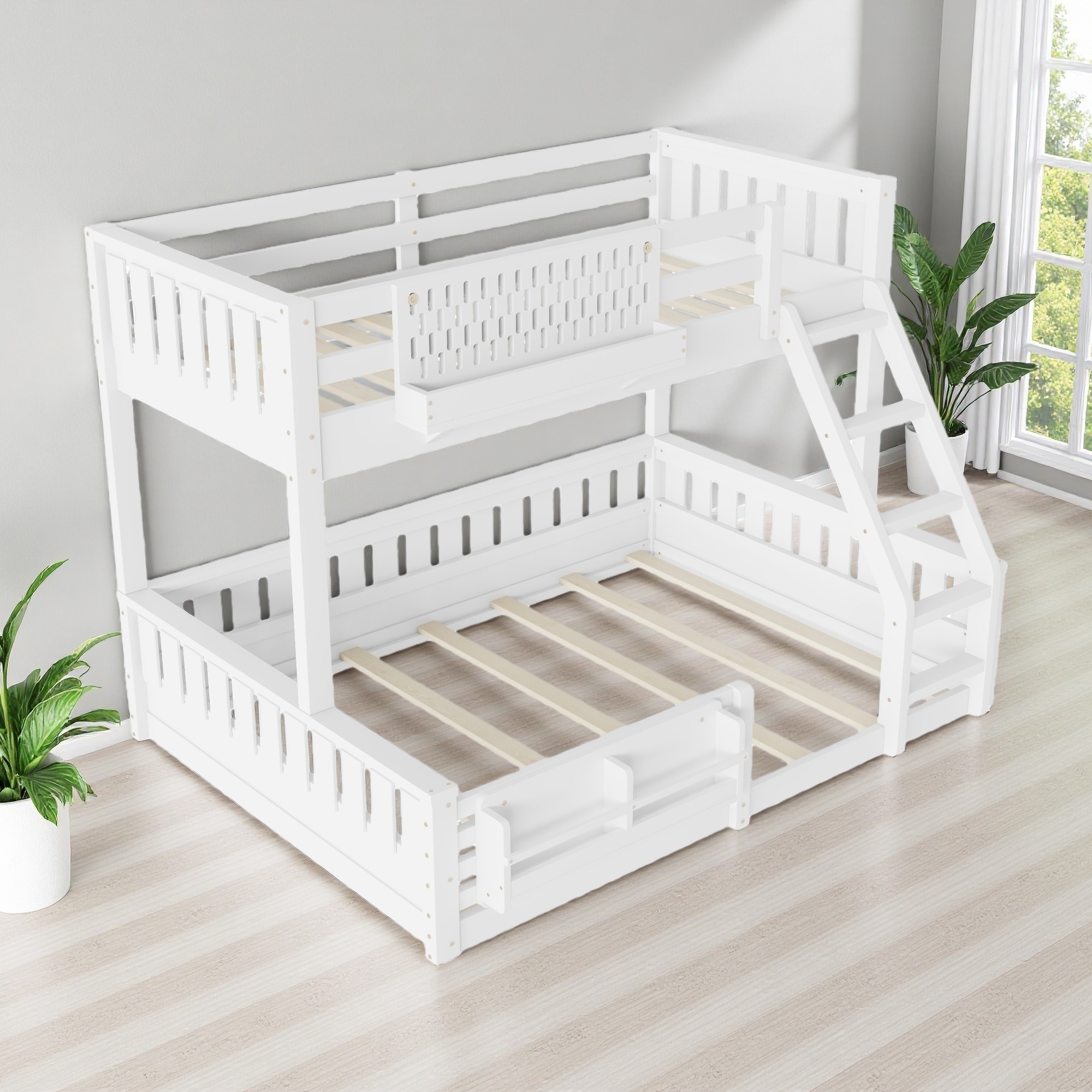 Twin XL over Queen Wood Bunk Bed with Pegboard, Bookshelf & Ladder