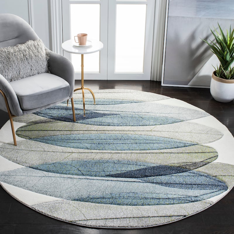 SAFAVIEH Hollywood Mergita Mid-Century Modern Abstract Rug - 6'7" Round - Ivory/Blue Green - Round