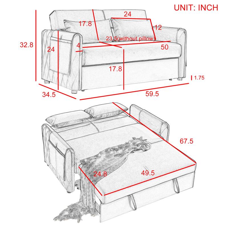 59.5" Modern Convertible Sofa Bed with 2 Detachable Arm Pockets, Velvet Loveseat Sofa with Pull Out Bed