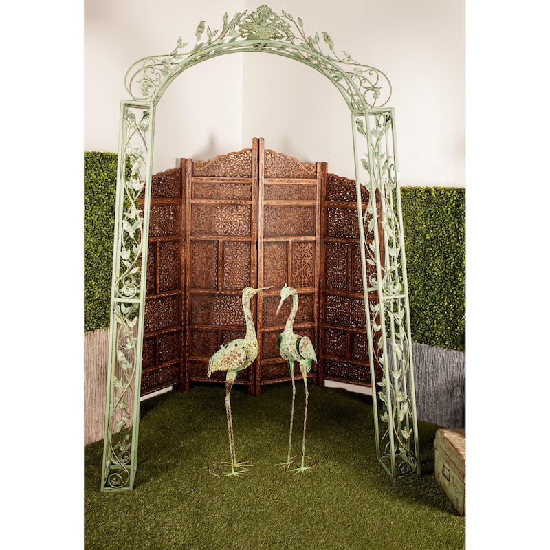 Green Metal Indoor Outdoor Arched Bird Indoor Outdoor Garden Arbor with Scrolled Vines - Green