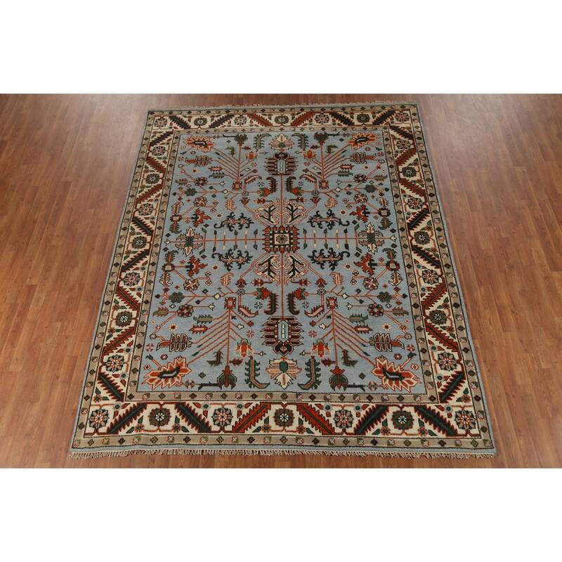 Light Blue Geometric Oushak Oriental Area Rug Hand-Knotted Wool Carpet - 7'10"x 9'10"