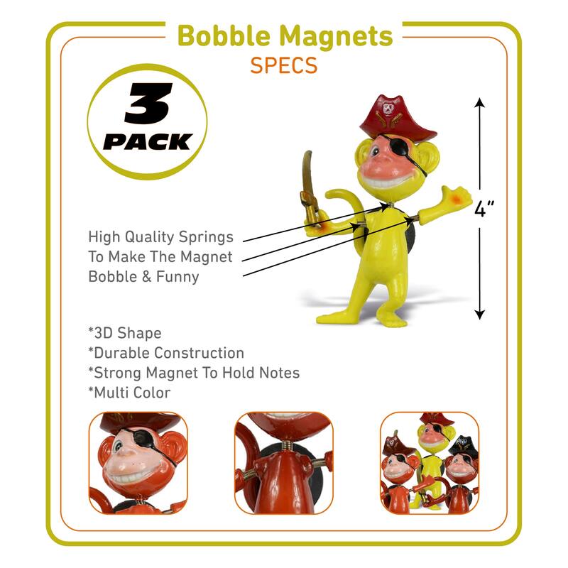 CoTa Global Monkey Pirate Refrigerator Bobble Magnets - Set of 3 - 5.6 x 3.75 x 1.6 inches