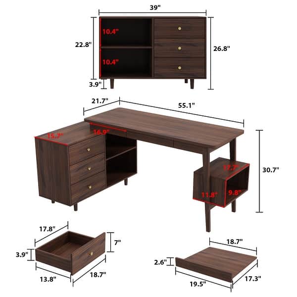dimension image slide 1 of 3, L Shaped Executive Desk 55.1" L Shape Computer Desk Office Desk