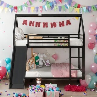 Twin Over Twin House Bunk Bed With Convertible Ladder and Slide for Home