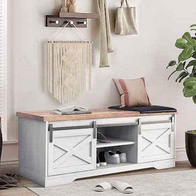 WESOME 47 inch Shoes Bench with Sliding Barn Door Storage Cabinet and Adjustable Shelves - 47.24"Lx15.35"Dx18.7"H