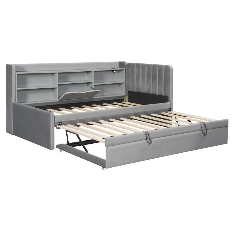 Twin Size Upholstered Daybed with Trundle, Storage Platform Bed Frame with Shelves and Charging Station