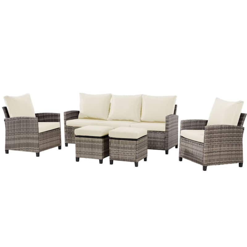 5pcs Wicker Patio Conversation Set Seating Loveseat Sofa with Ottomans - Gray/Beige