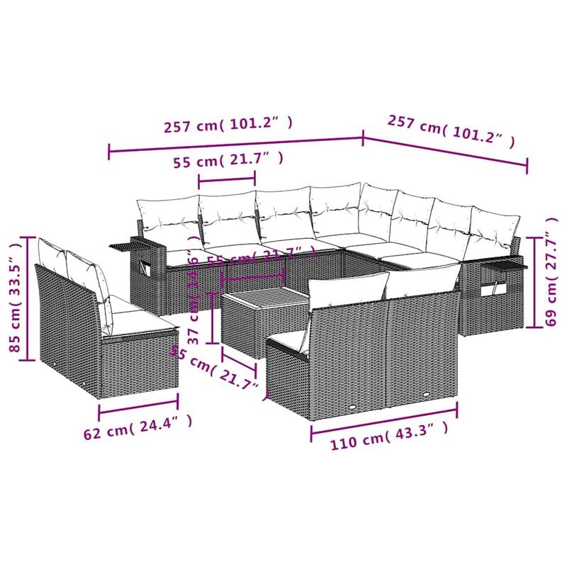 vidaXL 12 Piece Patio Sofa Set with Cushions Black Poly Rattan - 24.4" x 24.4" x 27.2"