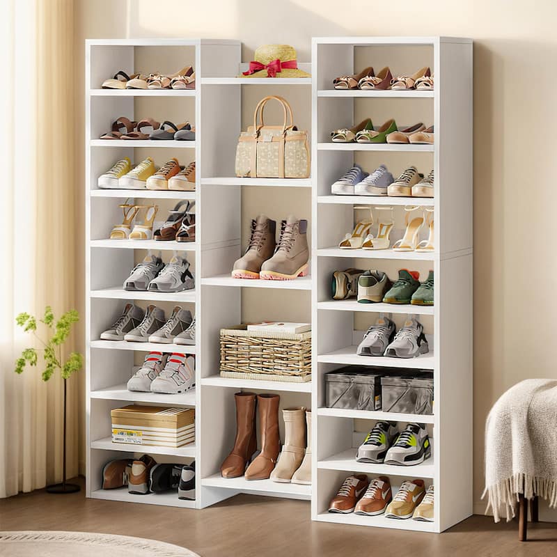 Wooden Shoe Rack, Freestanding Shoe Organizer with 23 Storage Shelves - White