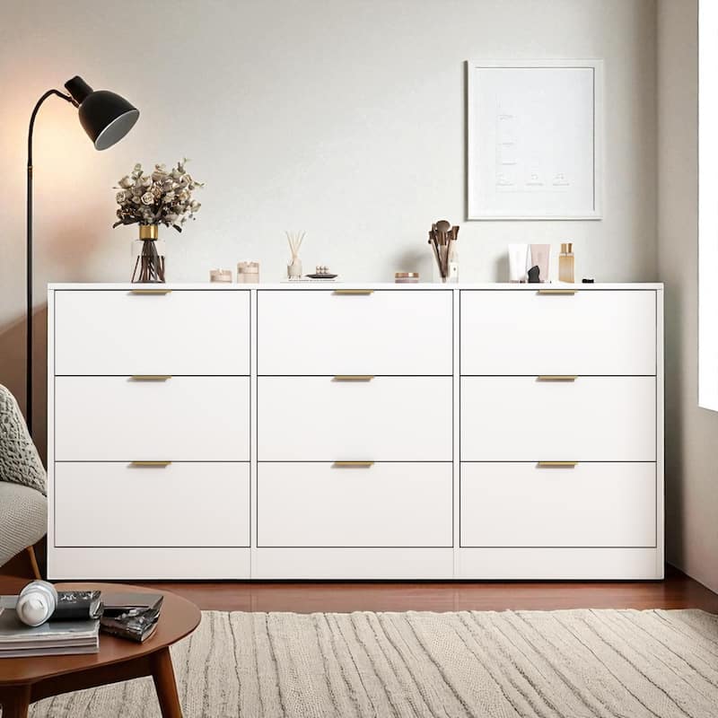 9 Drawer Dresser, 63" Wide Wooden Storage Cabinet with Golden Handles, Large Chest of Drawers for Bedroom and Hallway - White