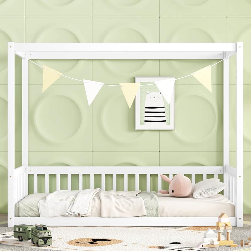 Twin Size Canopy Frame Floor Bed with Fence