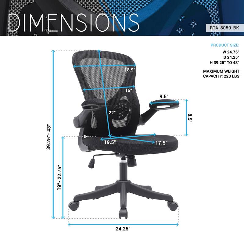 Techni Mobili Black Mesh Office Chair with Lumbar Support and Flip-Up Arms