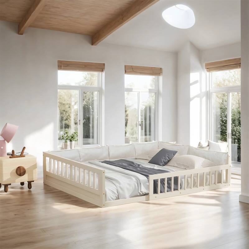 Wood Full Size Upholstered Platform Bed with Guardrail and Pillow