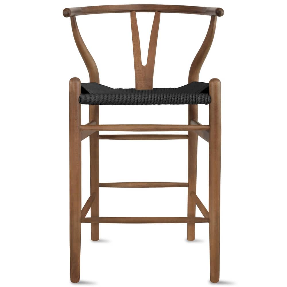 Solid Wood Countertop Height Barstool with Open Y Back Farmhouse Woven Organic Chair For Kitchen Bedroom Designer