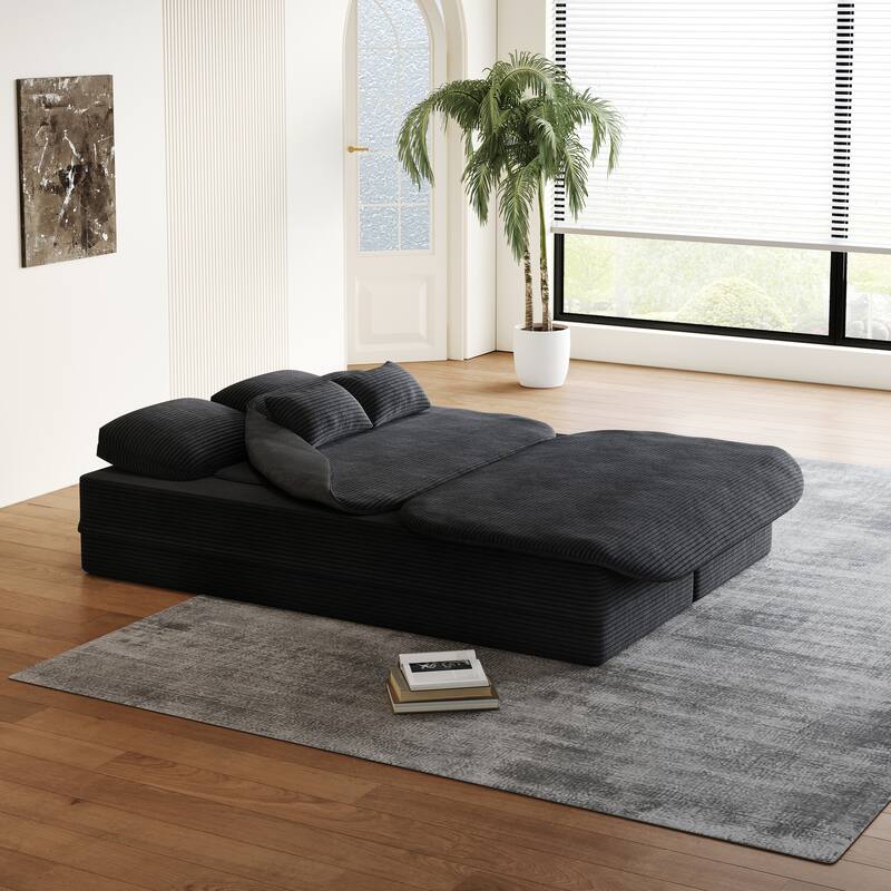 2-in-1 Floor Sleeper Sofa Bed Corduroy Foldable Sofa with Functional Blanket and Pillows for Living Room Bedroom Studio