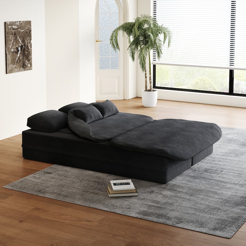Roomfitters 75" Convertible Foldable Sofa Bed, Corduroy Sleeper Foam Lounge Sofa with Blanket for Living Room, Black