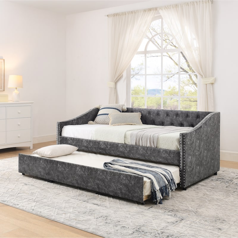 Twin Size Daybed with Pull Out Bed Trundle, Upholstered Button-Tufted Backrest Sofa Bed with Nailhead Trim & USB Charging Ports
