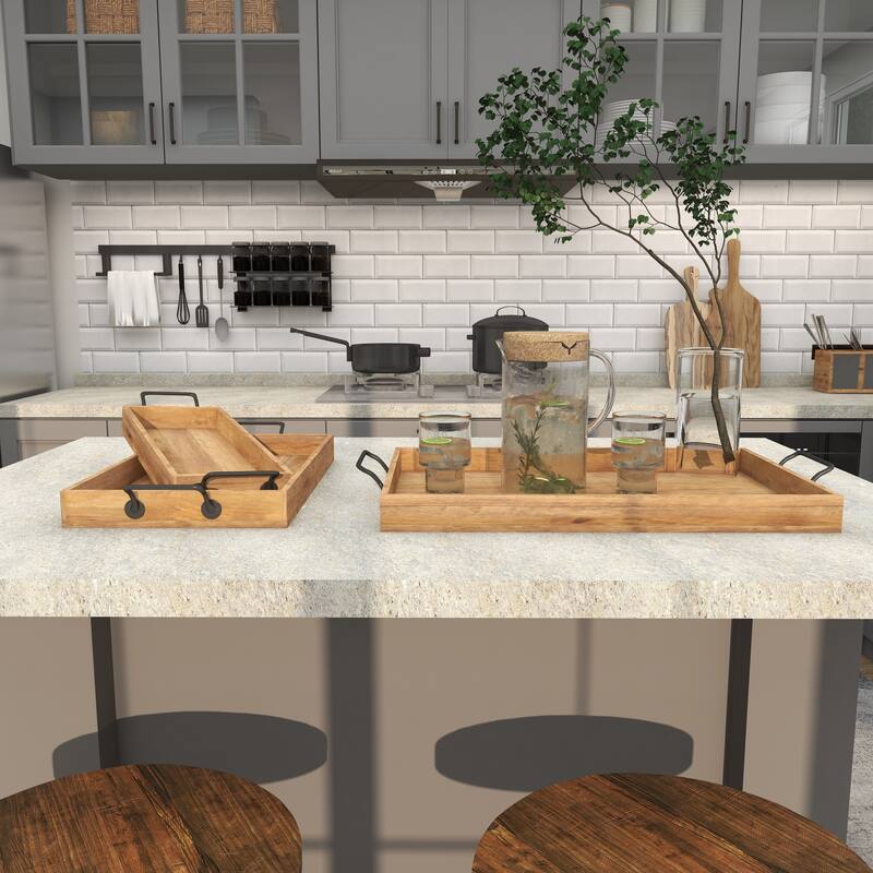 Brown Mango Wood Living Room Decor Tray with Slot Handles (Set of 3)